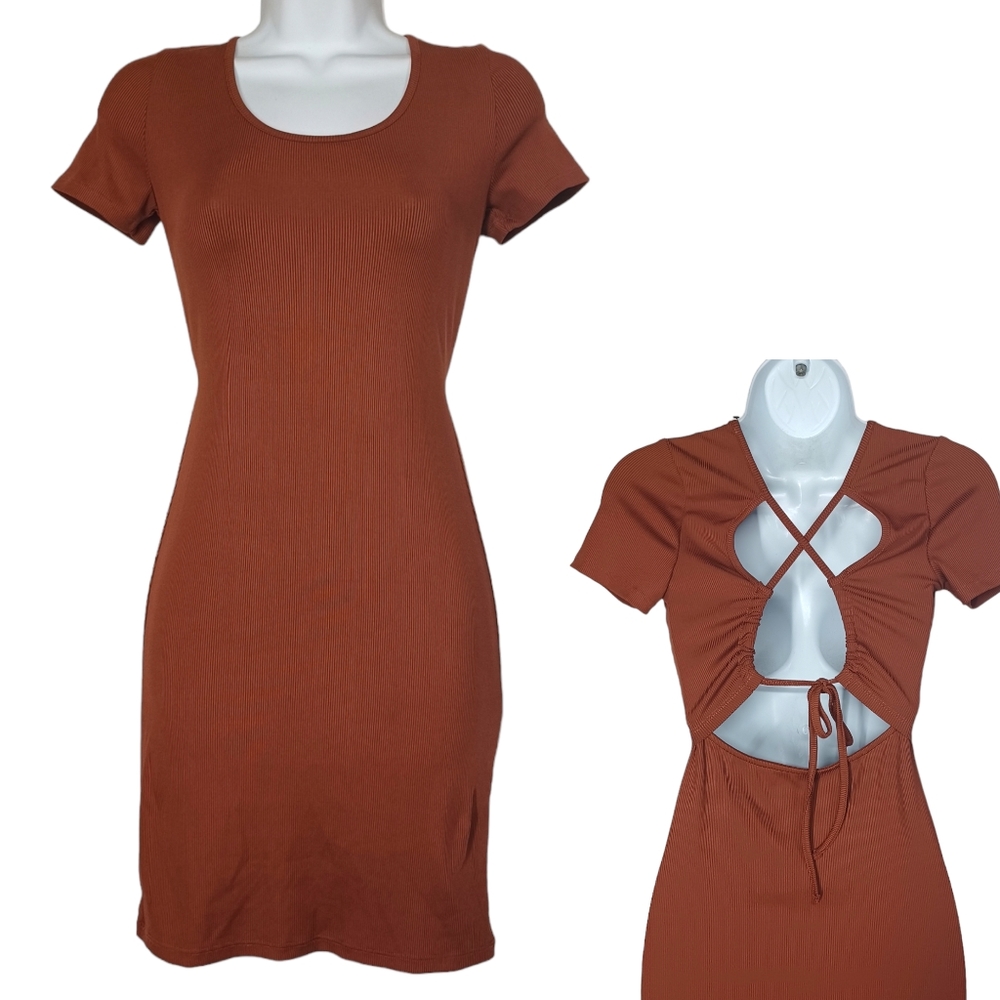 NEW COTTON ON Lace Up Back Brown Ribbed Bodycon Stretchy Mini Dress Small